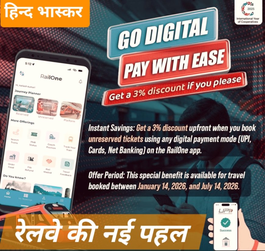 यात्रियों की सुविधा के लिए रेलवे की नई पहल, रेल वन ऐप के द्वारा अनारक्षित टिकट बुकिंग पर मिलेगा 3% की छूट